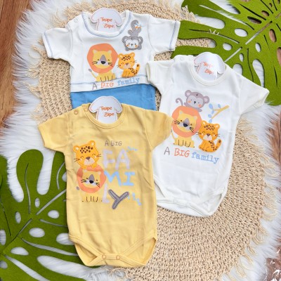 Kit 3 Peças - Bodys Manga Curta Wild Boy - Off White e Azul Jeans, Off White e Mostarda